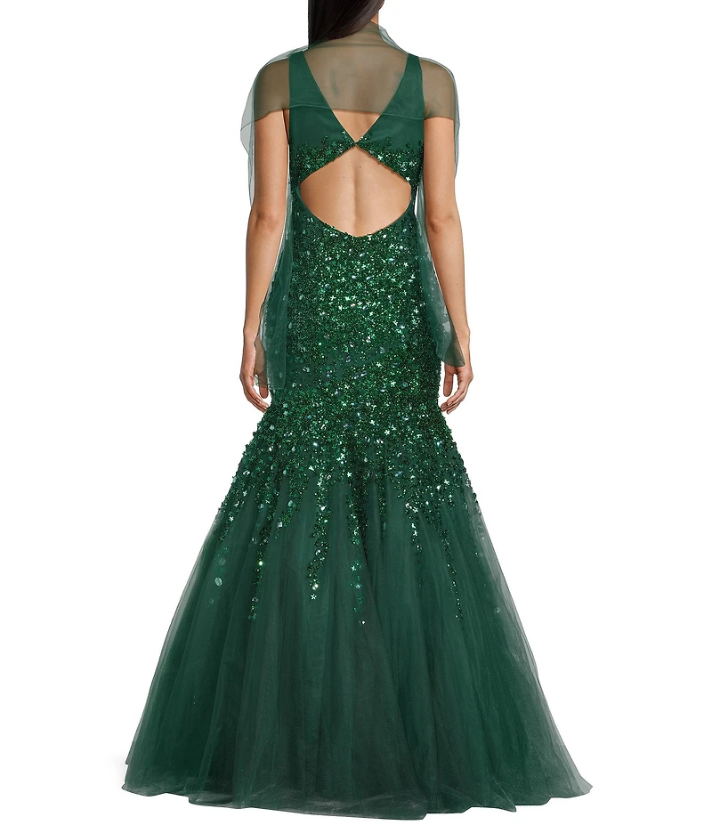 Coya Collection Sequin Beaded V-Neck Tulle Mermaid Gown