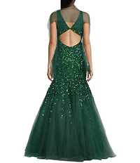 Coya Collection Sequin Beaded V-Neck Tulle Mermaid Gown