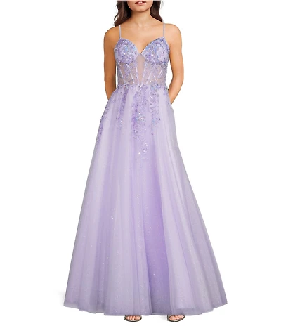 Coya Collection Sequin Embroidered Floral Appliqued Plunging Neck Corseted Bodice A-Line Tulle Ballgown