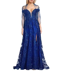 Coya Collection Sequin Embroidered Lace Off-The-Shoulder Illusion V-Neck Side Slit Lace Up Back Gown