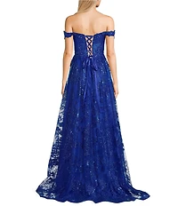 Coya Collection Sequin Embroidered Lace Off-The-Shoulder Illusion V-Neck Side Slit Lace Up Back Gown
