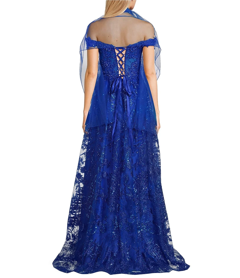 Coya Collection Sequin Embroidered Lace Off-The-Shoulder Illusion V-Neck Side Slit Lace Up Back Gown