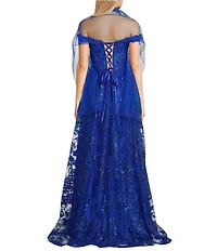 Coya Collection Sequin Embroidered Lace Off-The-Shoulder Illusion V-Neck Side Slit Lace Up Back Gown
