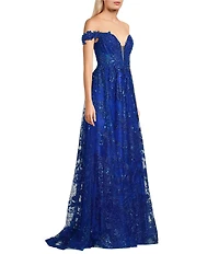 Coya Collection Sequin Embroidered Lace Off-The-Shoulder Illusion V-Neck Side Slit Lace Up Back Gown