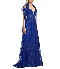 Coya Collection Sequin Embroidered Lace Off-The-Shoulder Illusion V-Neck Side Slit Lace Up Back Gown