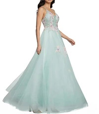 Coya Collection Sleeveless Floral Appliqued Tulle Skirted Ballgown