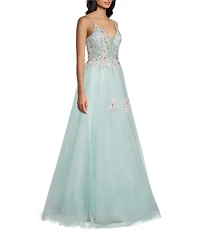 Coya Collection Sleeveless Floral Appliqued Tulle Skirted Ballgown