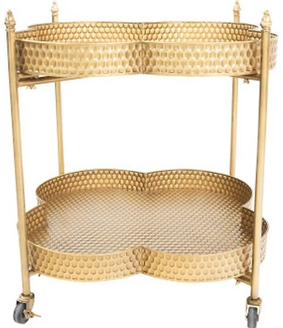 Creative Co Op Clover Shaped 2-Tier Hammered Metal Bar Cart with Wheels