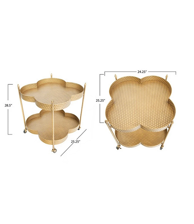 Creative Co Op Clover Shaped 2-Tier Hammered Metal Bar Cart with Wheels