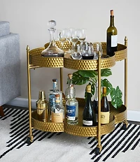Creative Co Op Clover Shaped 2-Tier Hammered Metal Bar Cart with Wheels