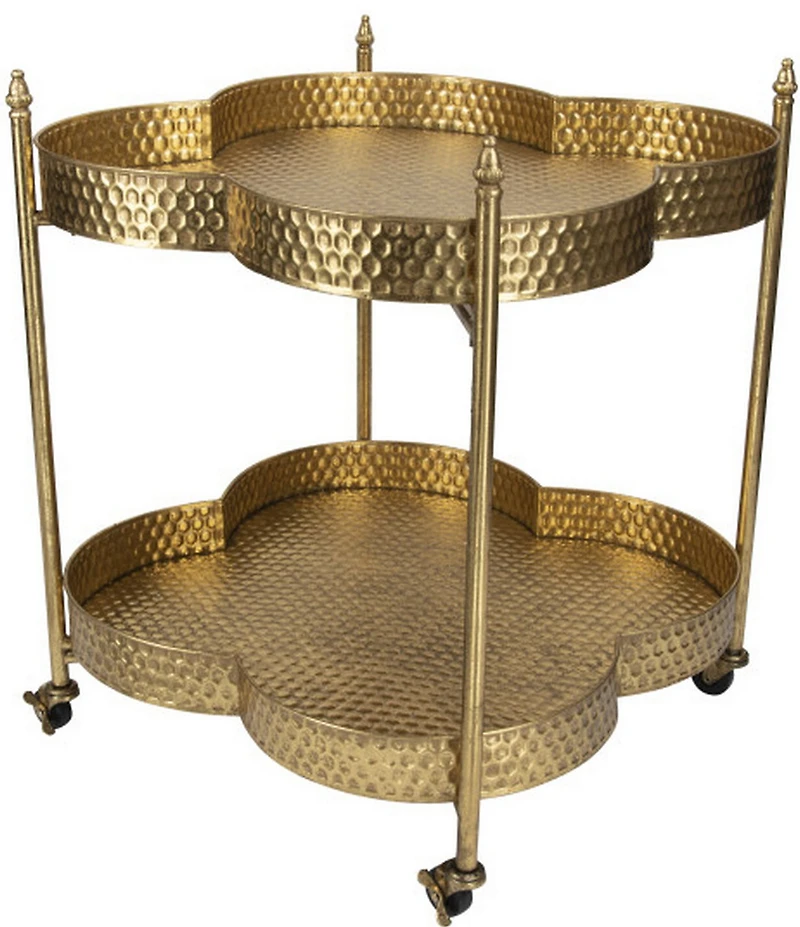 Creative Co Op Clover Shaped 2-Tier Hammered Metal Bar Cart with Wheels