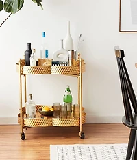Creative Co Op Clover Shaped 2-Tier Hammered Metal Bar Cart with Wheels