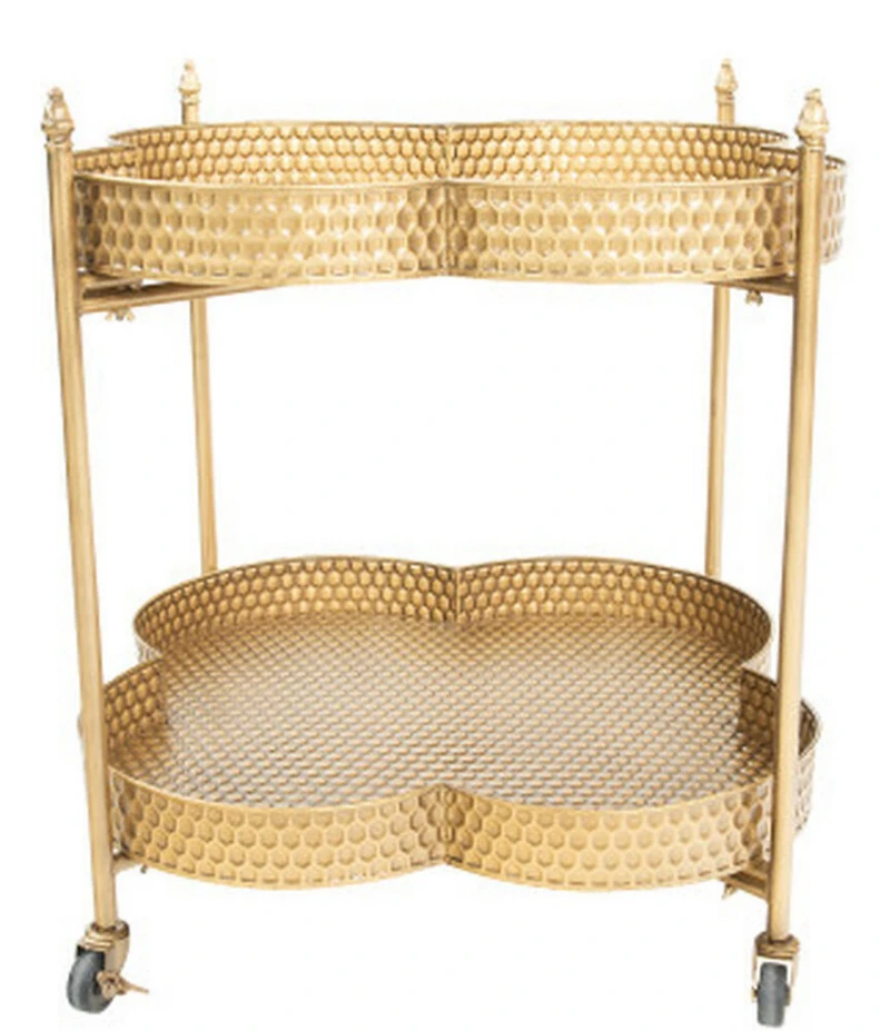 Creative Co Op Clover Shaped 2-Tier Hammered Metal Bar Cart with Wheels