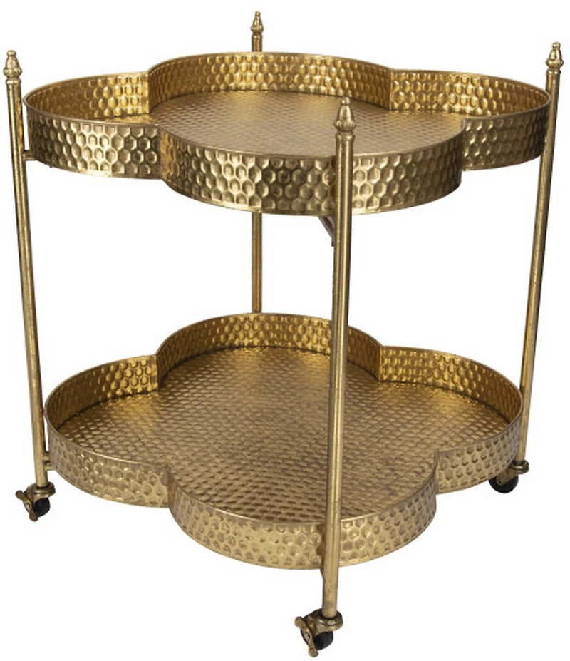 Creative Co Op Clover Shaped 2-Tier Hammered Metal Bar Cart with Wheels