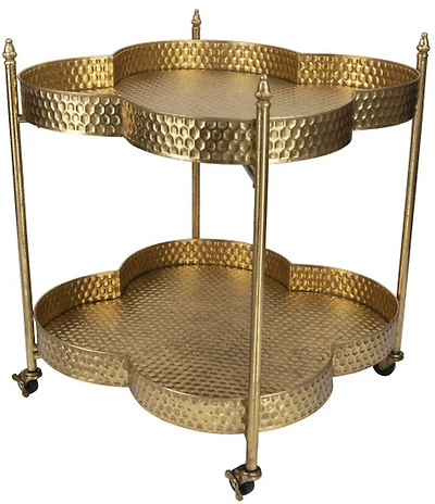 Creative Co Op Clover Shaped 2-Tier Hammered Metal Bar Cart with Wheels