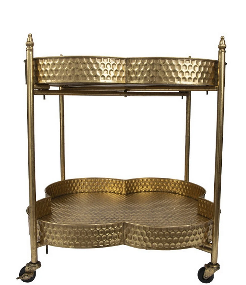Creative Co Op Clover Shaped 2-Tier Hammered Metal Bar Cart with Wheels