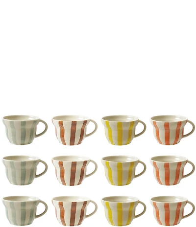 Creative Co Op Hand-Painted Stoneware Striped Mug Set, Multicolor, Set of 12