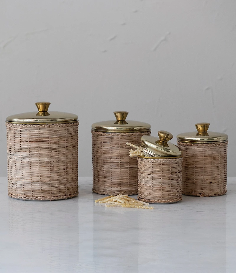 Creative Co Op Rattan Wrapped Stainless Steel Canisters, Set of 4