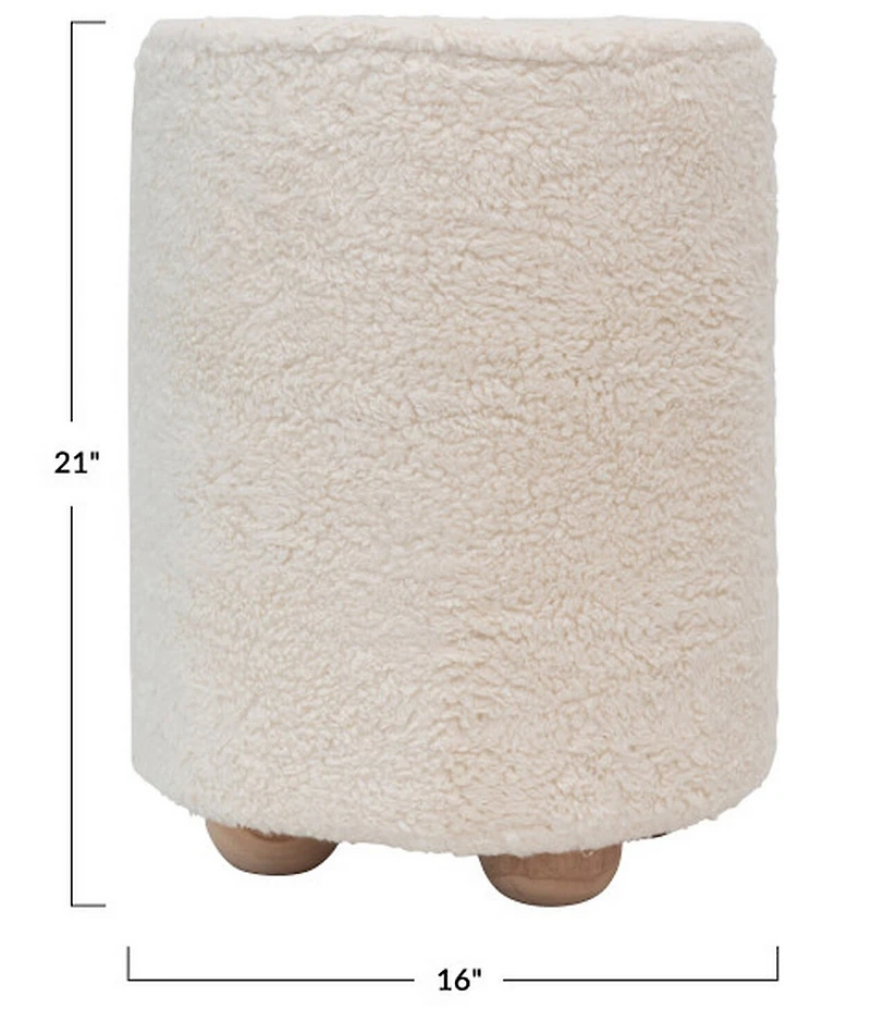 Creative Co Op Round Sherpa Upholstered Pouf with Pine Wood Feet