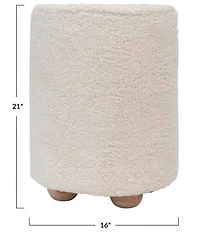 Creative Co Op Round Sherpa Upholstered Pouf with Pine Wood Feet