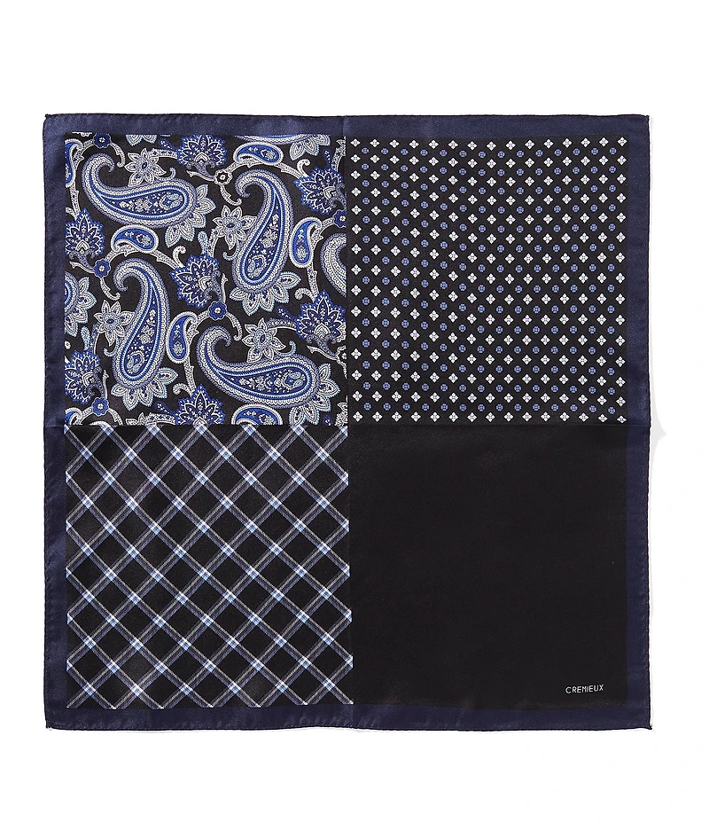 Cremieux 4-Square Joshua Paisley/Check Woven Silk Pocket Square