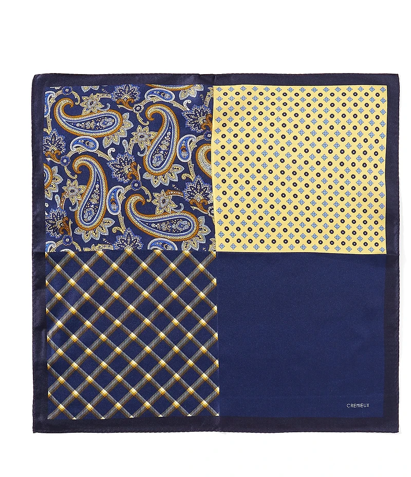 Cremieux 4-Square Joshua Paisley/Check Woven Silk Pocket Square