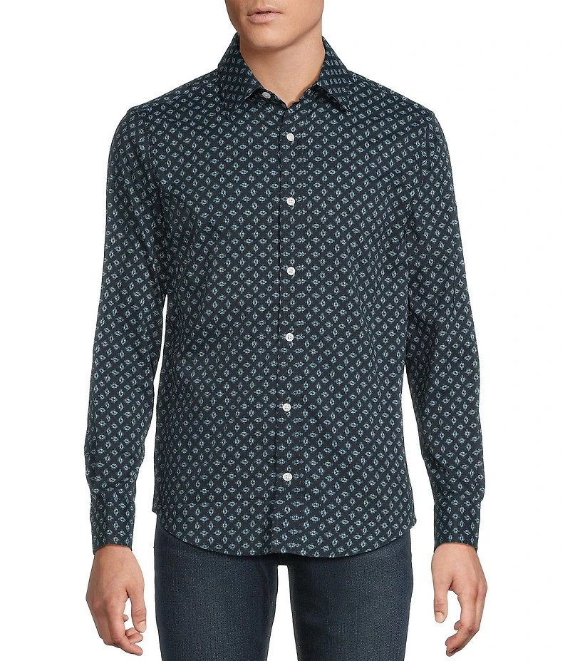 Cremieux Big & Tall Premium Denim Dark Geometric Print Stretch Long Sleeve Woven Shirt