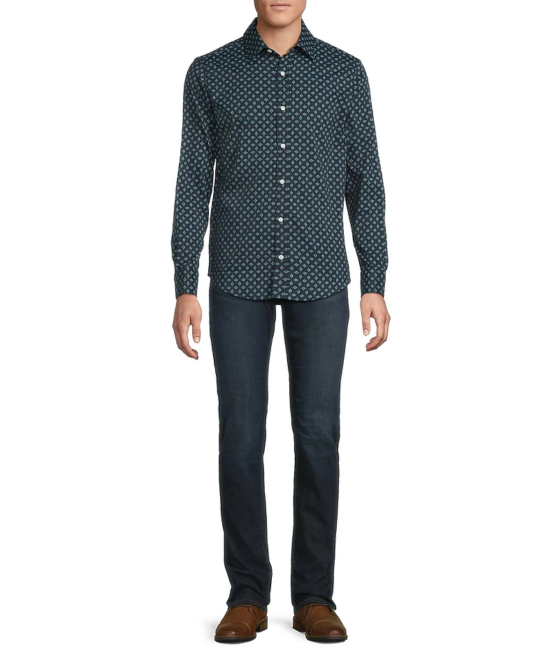 Cremieux Big & Tall Premium Denim Dark Geometric Print Stretch Long Sleeve Woven Shirt