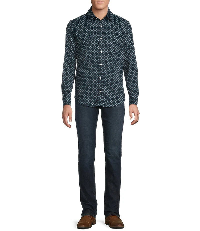 Cremieux Big & Tall Premium Denim Dark Geometric Print Stretch Long Sleeve Woven Shirt