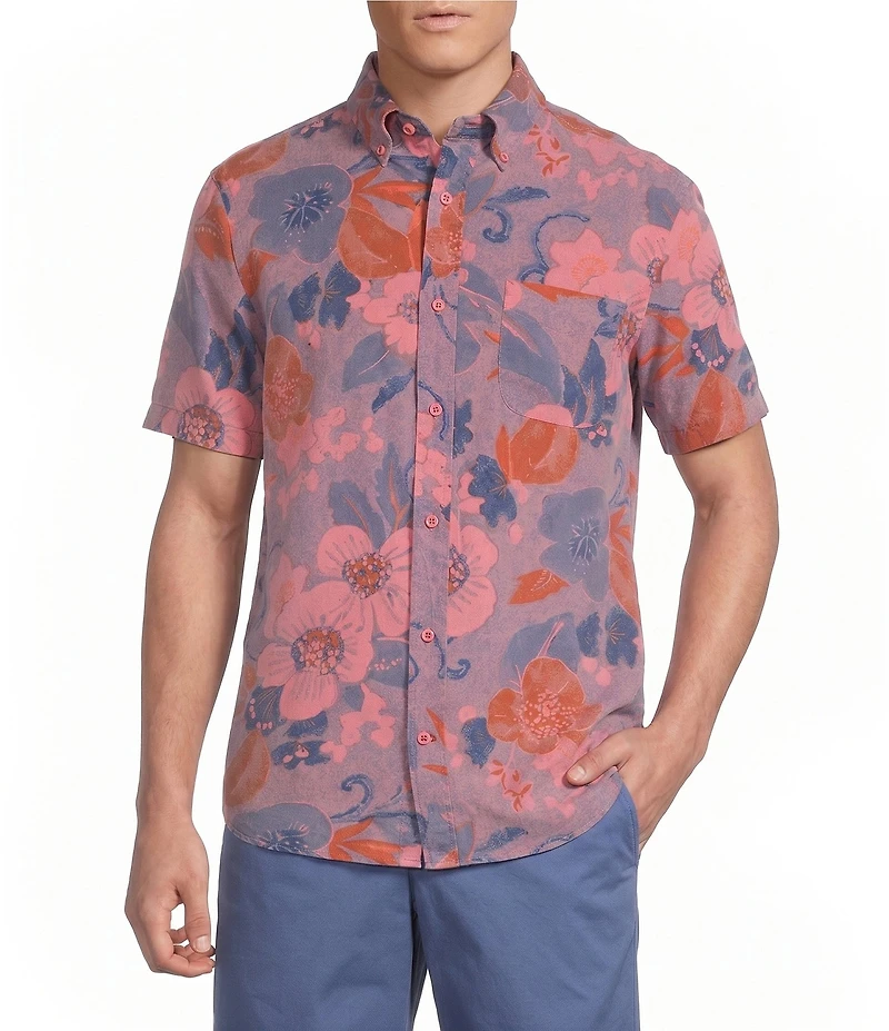 Cremieux Blue Label Garment Dyed Floral Printed Short Sleeve Woven Shirt
