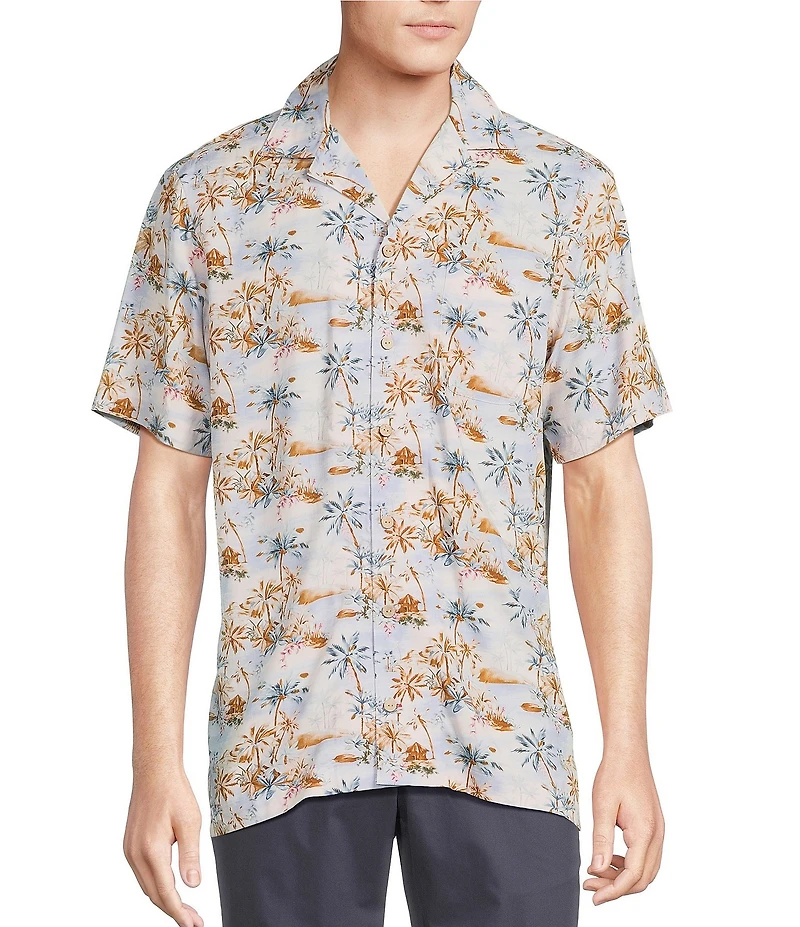 Cremieux Blue Label Island Landscape Print Short Sleeve Woven Camp Shirt