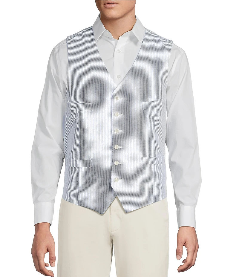 Cremieux Blue Label Seersucker Stripe V-Neck Button Front Vest