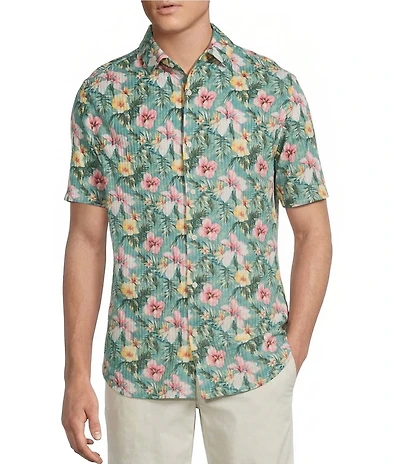 Cremieux Blue Label Tropical Floral Print Seersucker Short Sleeve Button Front Shirt