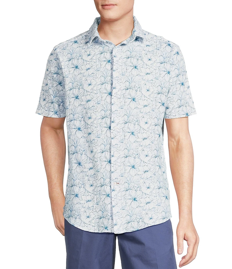 Cremieux Blue Label Tropical Floral Printed Seersucker Short Sleeve Coatfront Shirt