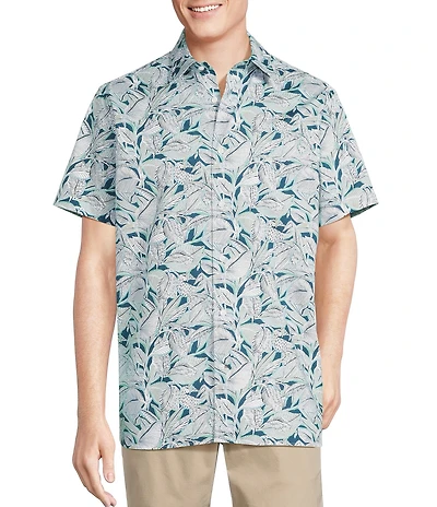 Cremieux Blue Label Tropical Leaf Print Short Sleeve Woven Shirt
