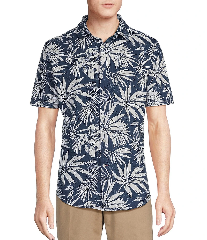 Cremieux Blue Label Tropical Leaf Printed Seersucker Short Sleeve Coatfront Shirt