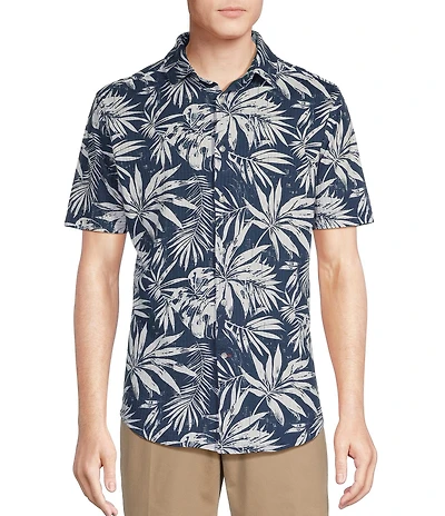Cremieux Blue Label Tropical Leaf Printed Seersucker Short Sleeve Coatfront Shirt