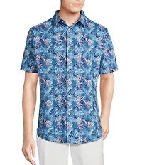 Cremieux Blue Label Tropical Leaf Pattern Seersucker Short Sleeve Coatfront Shirt