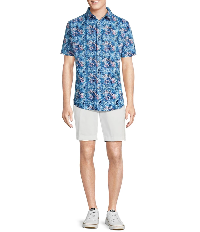 Cremieux Blue Label Tropical Leaf Pattern Seersucker Short Sleeve Coatfront Shirt