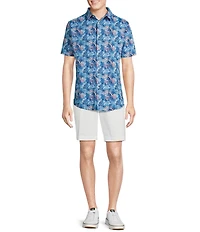 Cremieux Blue Label Tropical Leaf Pattern Seersucker Short Sleeve Coatfront Shirt