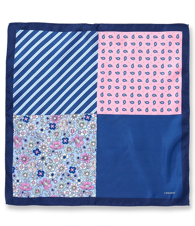 Cremieux King Floral/Stripe Four Square Woven Silk Pocket Square