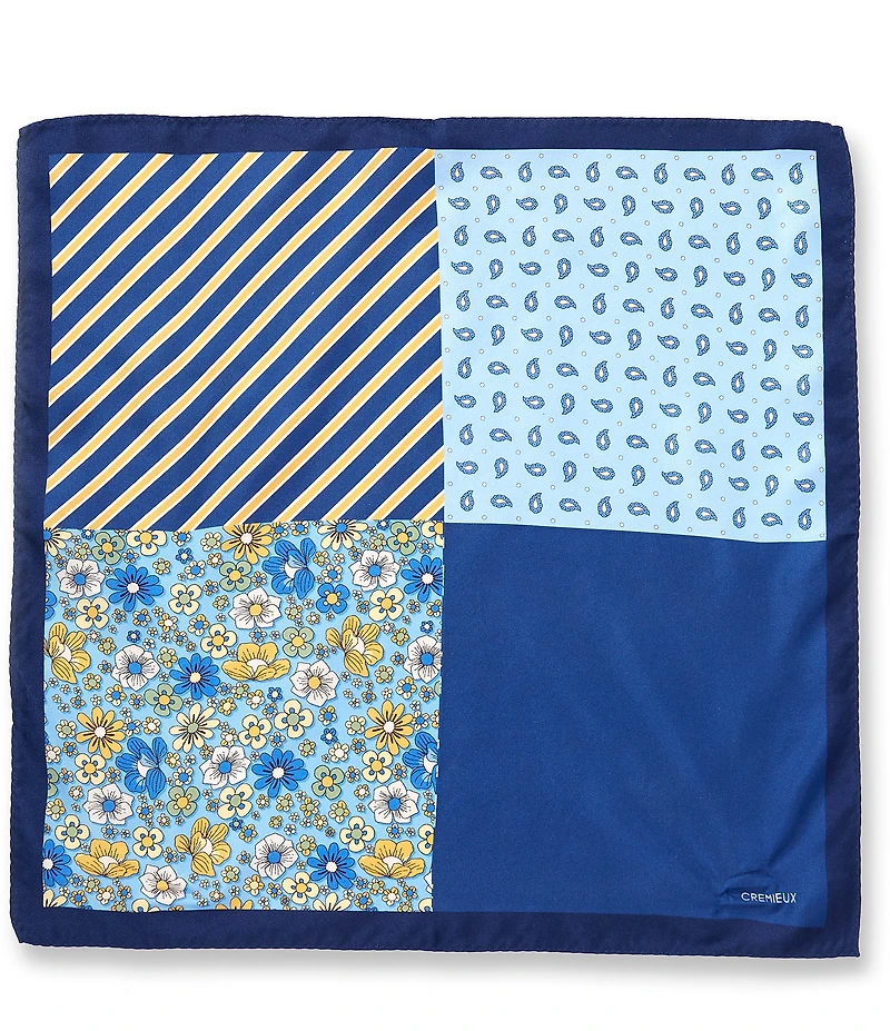 Cremieux King Floral/Stripe Four Square Woven Silk Pocket Square