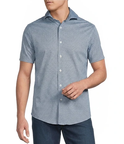 Cremieux Premium Denim Diamond Print Short Sleeve Coatfront Knit Shirt