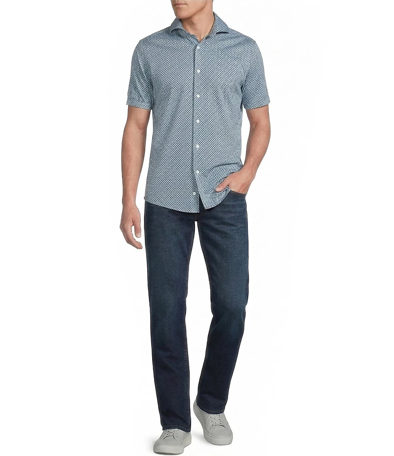 Cremieux Premium Denim Diamond Print Short Sleeve Coatfront Knit Shirt