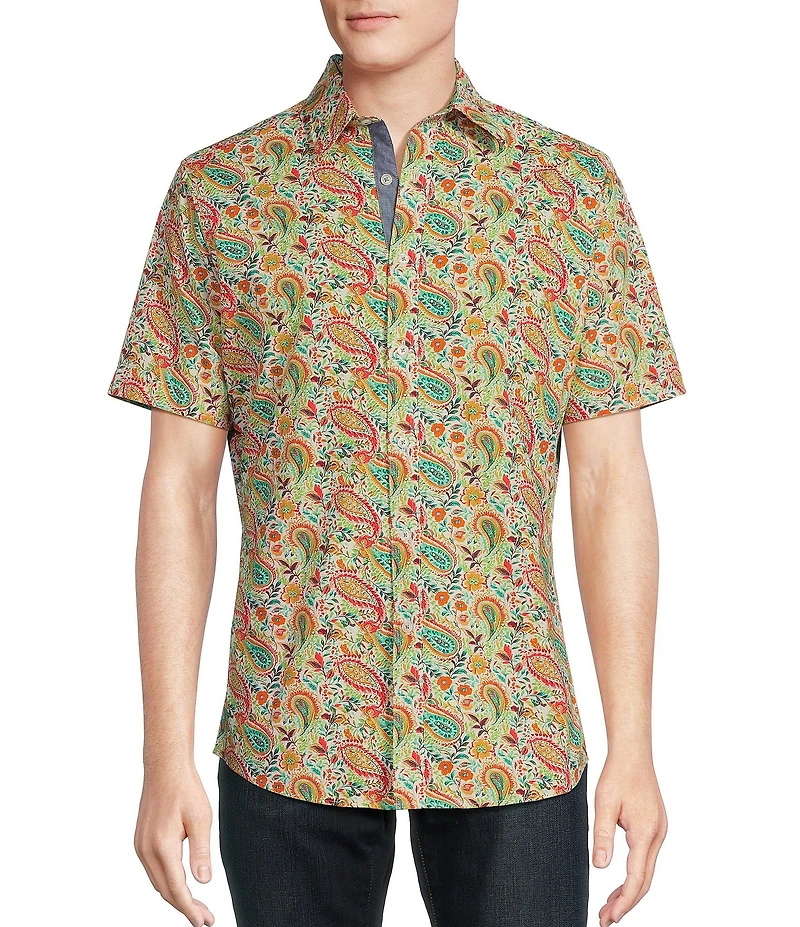 Cremieux Premium Denim Floral Paisley Print Stretch Short-Sleeve Woven Shirt