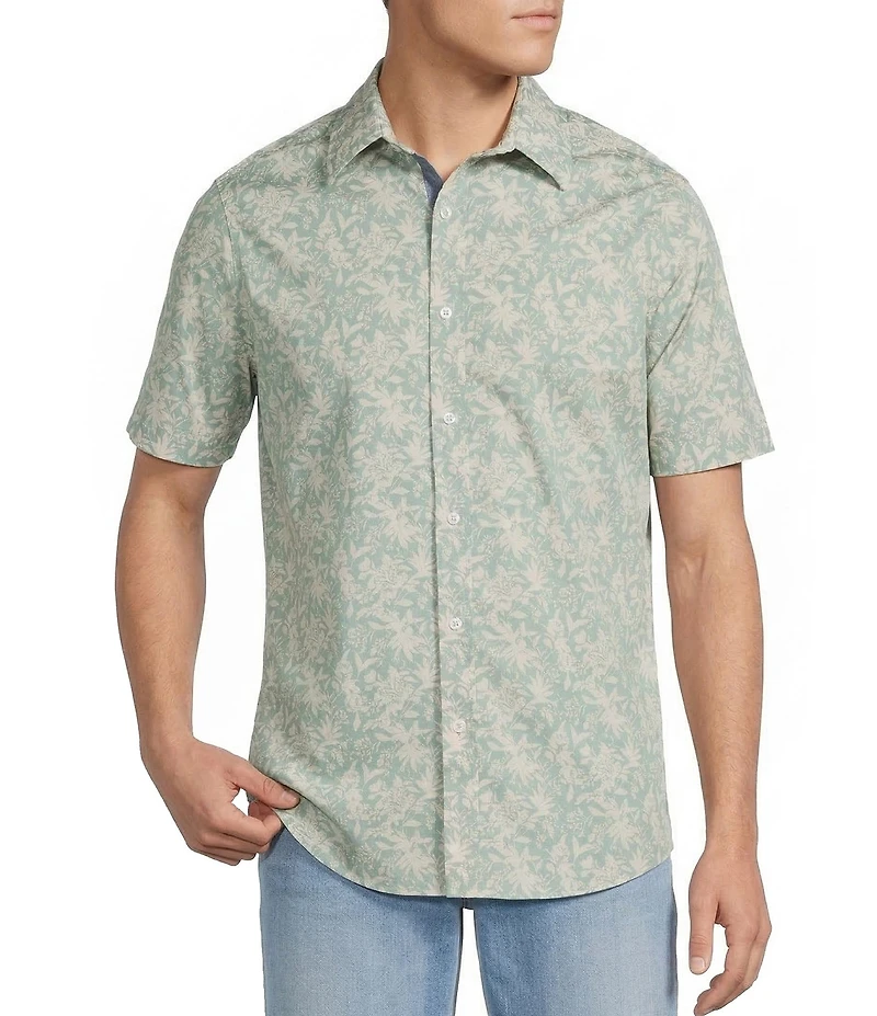 Cremieux Premium Denim Floral Print Short Sleeve Button Front Woven Shirt