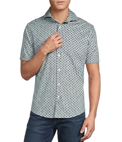 Cremieux Premium Denim Geometric Print Short Sleeve Coat Front Knit Shirt