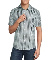 Cremieux Premium Denim Geometric Print Short Sleeve Coat Front Knit Shirt