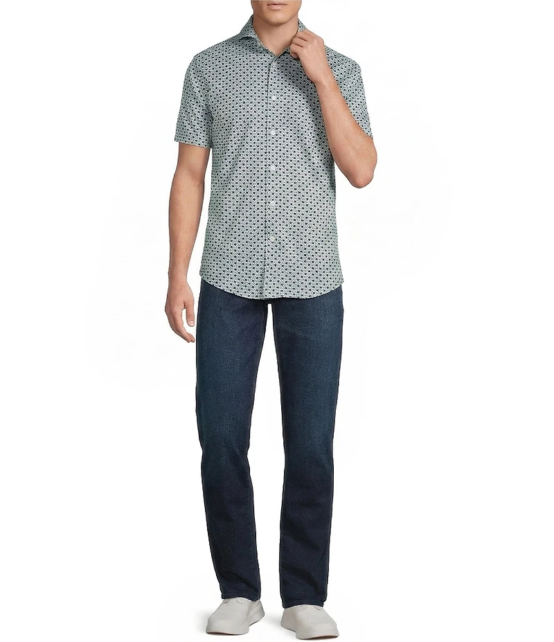 Cremieux Premium Denim Geometric Print Short Sleeve Coat Front Knit Shirt