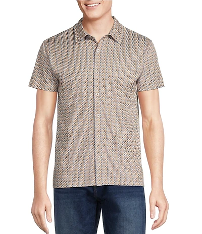 Cremieux Premium Denim Guitar Print Short Sleeve Coat Front Knit Shirt